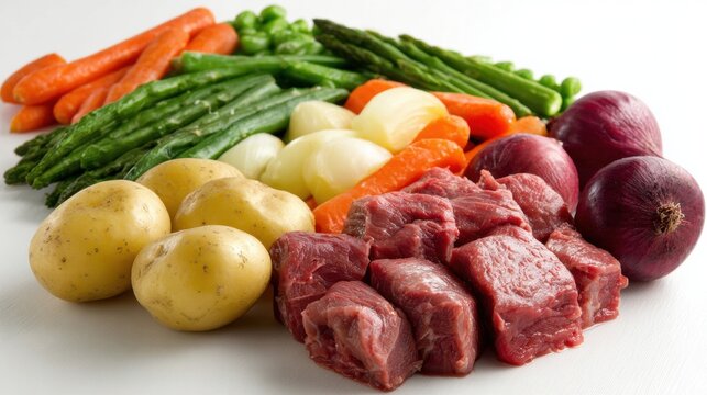 Fresh raw ingredients for traditional Irish stew including beef chunks, potatoes, carrots, onions, and green vegetables arranged on white background