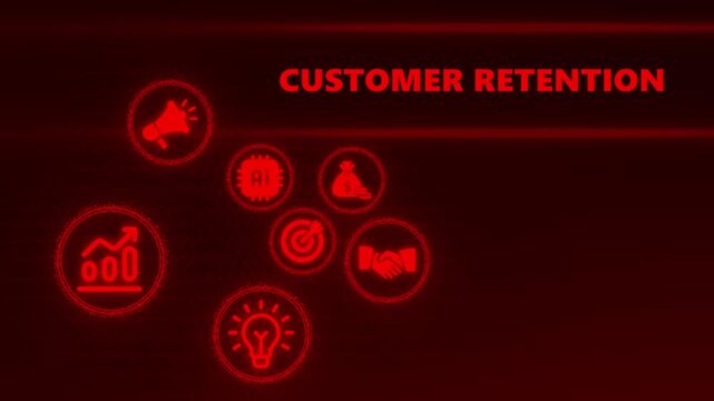 Red digital icons for customer retention strategy with AI and growth charts on dark background business