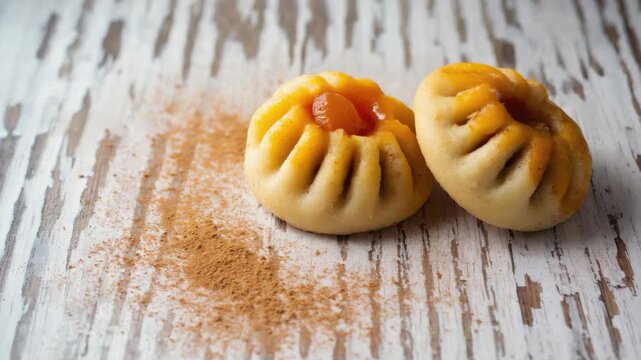 Two fruit filled pastries with a dusting of cinnamon and sugar on a wooden surface.
