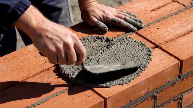 Bricklaying in Action Applying Mortar with Precision and Skill.