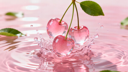Glowing  translucent pink cherries fall into pink water 