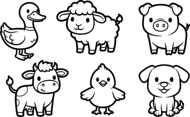 Fototapeta premium Set of Cute Farm Animals Duck, Sheep, Pig, Cow, and Dog Outline Icons Vector Illustration