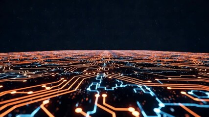 Futuristic digital circuit board network glowing with orange and blue lights on a dark starry background abstract technology concept - Powered by Adobe