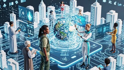 Futuristic cityscape with diverse people interacting with holographic displays and a globe - Powered by Adobe