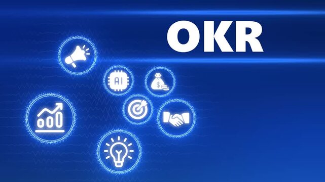  OKR Objectives key results. Business, new business concept ,tee icon attached around the map features the concept of network .