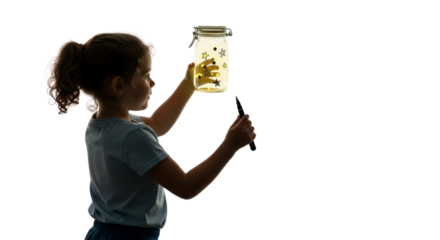 Curious child with playful imagination creates magical glowing stars in a jar, sparking wonder and creativity for young minds.