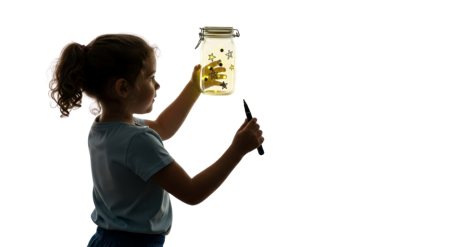 Curious child with playful imagination creates magical glowing stars in a jar, sparking wonder and creativity for young minds.