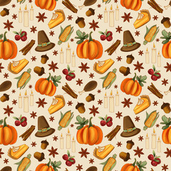 Seamless Thanksgiving pattern with pumpkins, corn, pies, candles, acorns, cranberries, star anise, and pilgrim hats. Festive design for  textiles, packaging, wrapping, scrapbooking and party decor