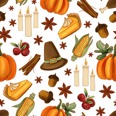 Seamless Thanksgiving pattern with pumpkins, corn, pies, candles, acorns, cranberries, star anise, and pilgrim hats. Festive design for  textiles, packaging, wrapping, scrapbooking and party decor