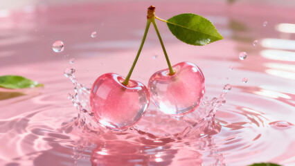 Glowing  translucent pink cherries fall into pink water 