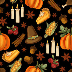 Seamless Thanksgiving pattern with pumpkins, corn, pies, candles, acorns, cranberries, star anise, and pilgrim hats. Festive design for  textiles, packaging, wrapping, scrapbooking and party decor