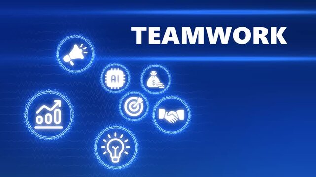 Blue digital infographic icons representing teamwork concepts with the word TEAMWORK in white text