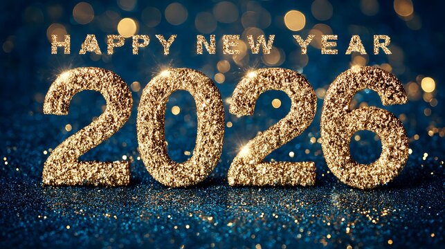 Glittering golden numbers of the year 2026 with the words Happy New Year on a blue background. - Powered by Adobe