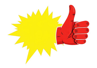 3d illustration of red thumbs up with yellow starburst isolated on transparent background, a symbol of approval. Bright yellow burst with red thumbs up gesture of approval and success