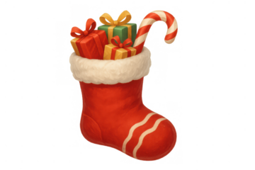 Christmas stocking filled with festive presents and a candy cane for holiday gift giving on transparent background