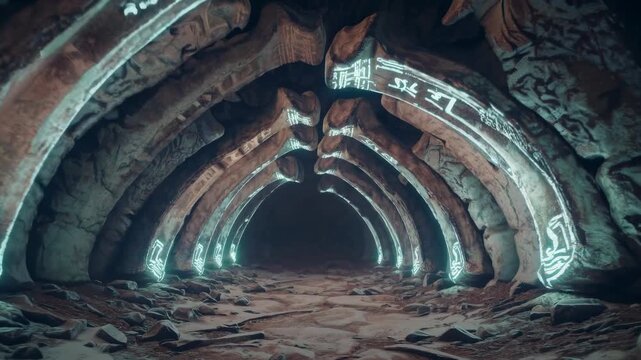 A subterranean tunnel with glowing cryptic runes on arched stone ribs creating an eerie atmosphere.