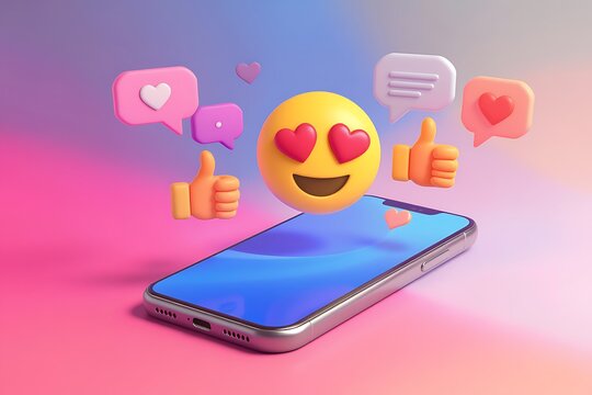 Generative AI emoji interface with social media engagement icons.