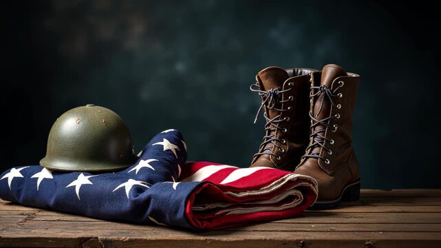 American flag folded beside green military helmet and brown combat boots, symbolic still life honoring soldiers placed on rustic wooden table. Concept of veterans day, memorial day, military tribute.