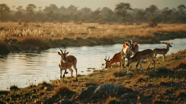 Lechwe Antelope Herd at Riverbank, Botswana Wildlife, Africa