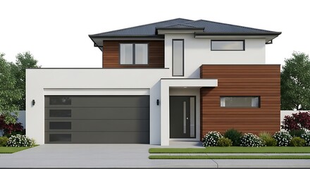 Modern Two-Story House with Garage and Landscaping.