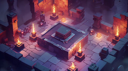 3d Isometric Dungeon treasure chests torches