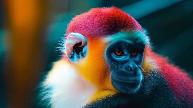 Color-changing monkey expressively displays vibrant hues based on emotions in a lively jungle environment