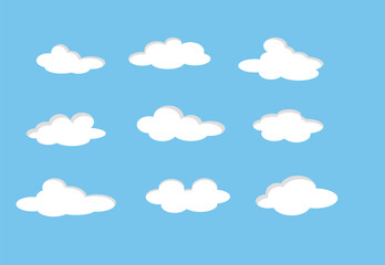 Flat design collection of nine distinct white cloud icons. Each cloud boasts subtle shadows against a clear blue sky, adding depth. Perfect for engaging weather apps, digital services