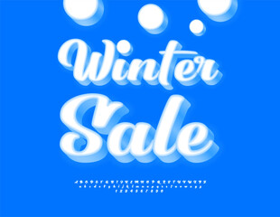 Vector Snow banner Winter Sale. Beautiful White 3D Font. Fashion Alphabet Letters and Numbers set