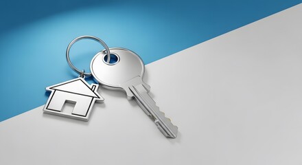 a shiny metallic key with a small house-shaped charm attached, symbolizing property ownership and real estate success. Minimal modern style