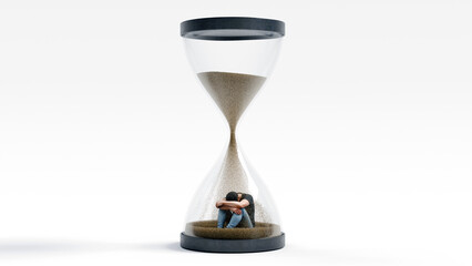 Man sitting sad inside an hourglass, sand slowly falling as time passes, concept of depression, fading motivation, lost purpose and emotional fatigue, 3d render