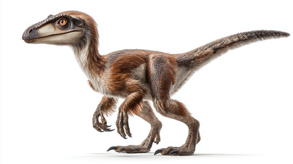 Fototapeta premium AI-generated image - A realistic full-body Velociraptor with detailed feathers, claws, and scales, standing against a clean white background. High-resolution paleo art illustration.