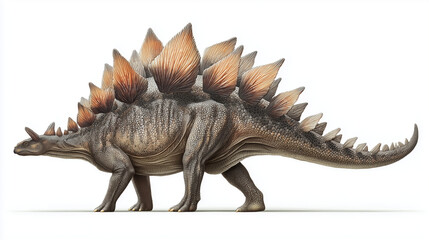 Fototapeta premium A realistic full-body illustration of a Stegosaurus, showing detailed skin texture and distinctive back plates, isolated on a clean white background. Generative AI illustration 