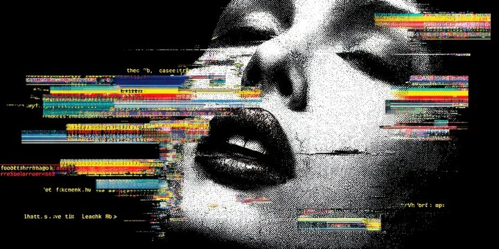 a face made of glitch art, with the lips and chin showing through the digital static, on a black background