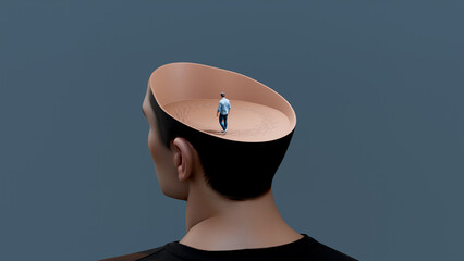 Man walking in circles inside a human head, stuck in repetitive thoughts and overthinking, concept of mental exhaustion, stress, anxiety and inner confusion, 3d render