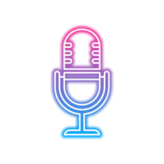 A stylized neon microphone icon with a gradient of pink, purple, and blue, isolated on a white background.
