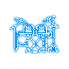 An illustration of a drum set with a bass drum, snare drum, tom-toms, cymbals, and drumsticks, all outlined in a bright blue neon glow.
