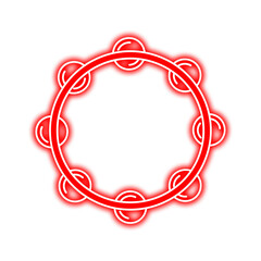 Red neon-style tambourine illustration with a circular frame and jingles, isolated on a white background.