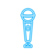 A glowing blue neon outline of a classic microphone, centered on a white background.