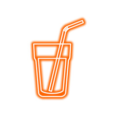 An orange neon outline of a glass with a straw, isolated on a white background, suggesting a refreshing drink.