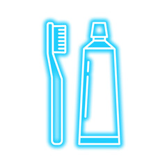 An illustration of a toothbrush and a tube of toothpaste, both outlined with a bright blue neon glow effect.