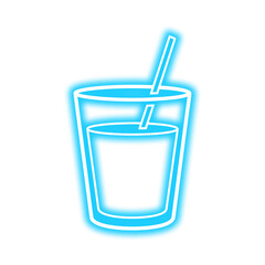 An isolated neon blue illustration of a glass filled with liquid and a straw, presented on a white background.