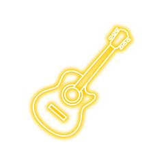 Glowing yellow neon outline of an acoustic guitar, angled on a white background, minimalist design.