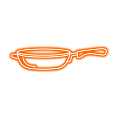 An orange neon outline of a frying pan with a handle, isolated on a white background.