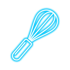 A vibrant, glowing blue neon outline of a whisk, isolated on a white background.