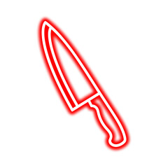 A red neon outline of a kitchen knife with a curved blade and handle, isolated against a white background.