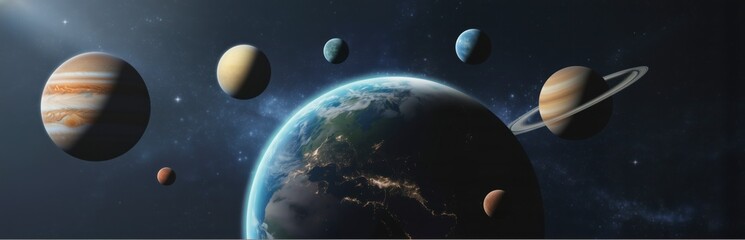Solar System. Earth at Night Surrounded by Jupiter, Saturn, Planets in Deep Space. Global Communication & Space Exploration. 3D. Science, Technology Banner. Astronomy, Education Panoramic Background.