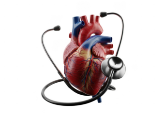 3d illustration of human heart  with stethoscope isolated on transparent background, medical examination. Realistic human heart model wrapped in a stethoscope for medical healthcare cardiology concept