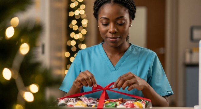 Black nurse preparing a holiday gift in a hospital. Female healthcare worker tying a red ribbon on a box of candy for Christmas and New Year celebration