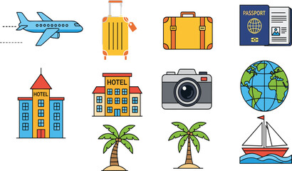 Set of Colorful Travel, Vacation, and Tourism Pixel Art Icons Vector Illustration