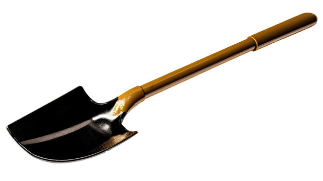Black metal garden spade with brown handle